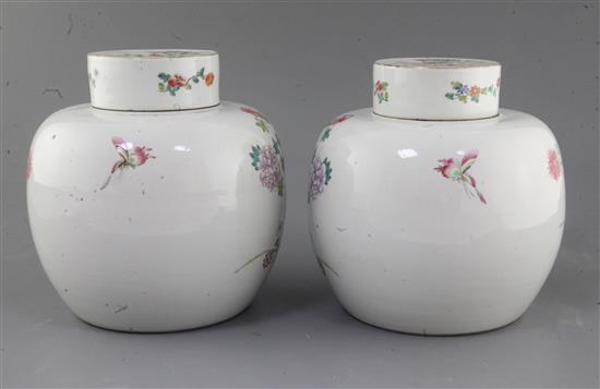 A pair of Chinese famille rose globular jars and covers, late 19th century, height 21.5cm, slight firing faults